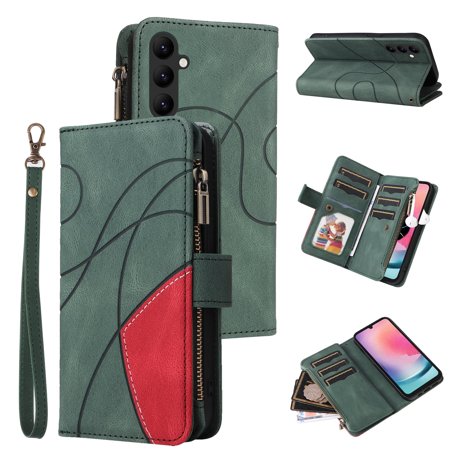 KT Multi-function Series-5 For Samsung Galaxy A24 4G Multiple Card Slots Phone Case Bi-color Splicing Zipper Leather Wallet Stand Cover