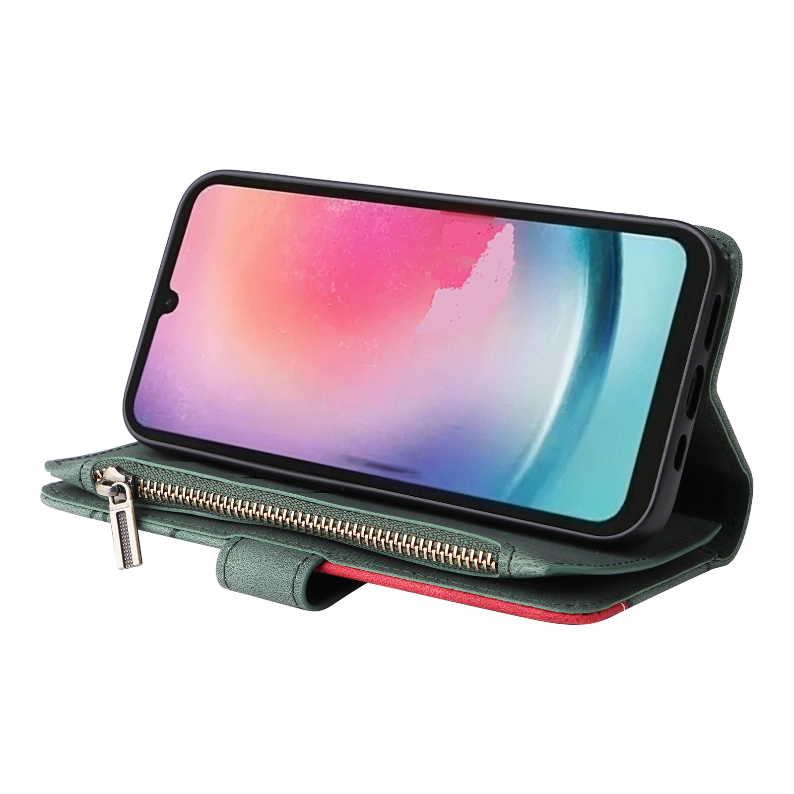 KT Multi-function Series-5 For Samsung Galaxy A24 4G Multiple Card Slots Phone Case Bi-color Splicing Zipper Leather Wallet Stand Cover