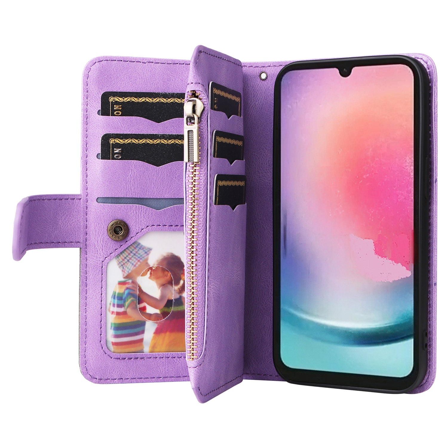 KT Multi-function Series-5 For Samsung Galaxy A24 4G Multiple Card Slots Phone Case Bi-color Splicing Zipper Leather Wallet Stand Cover