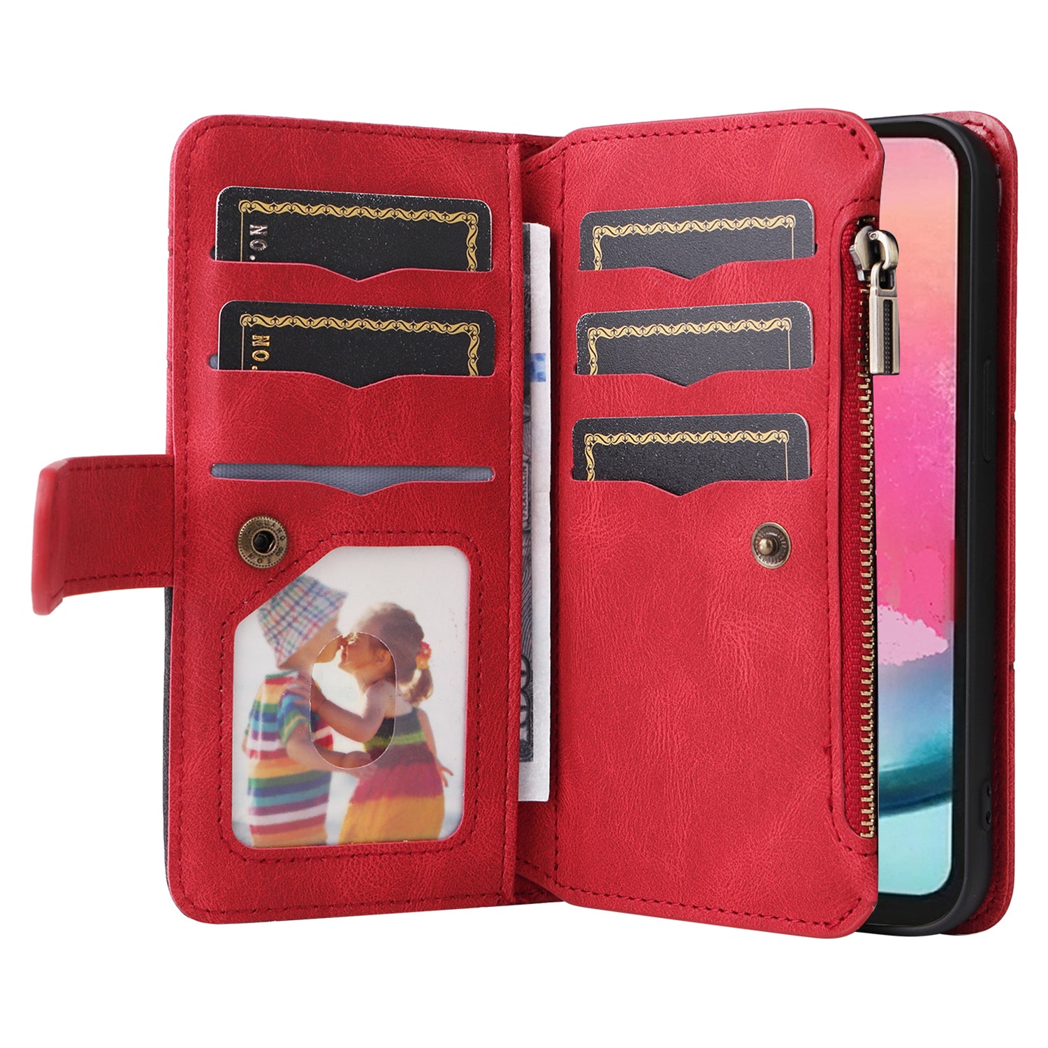 KT Multi-function Series-5 For Samsung Galaxy A24 4G Multiple Card Slots Phone Case Bi-color Splicing Zipper Leather Wallet Stand Cover