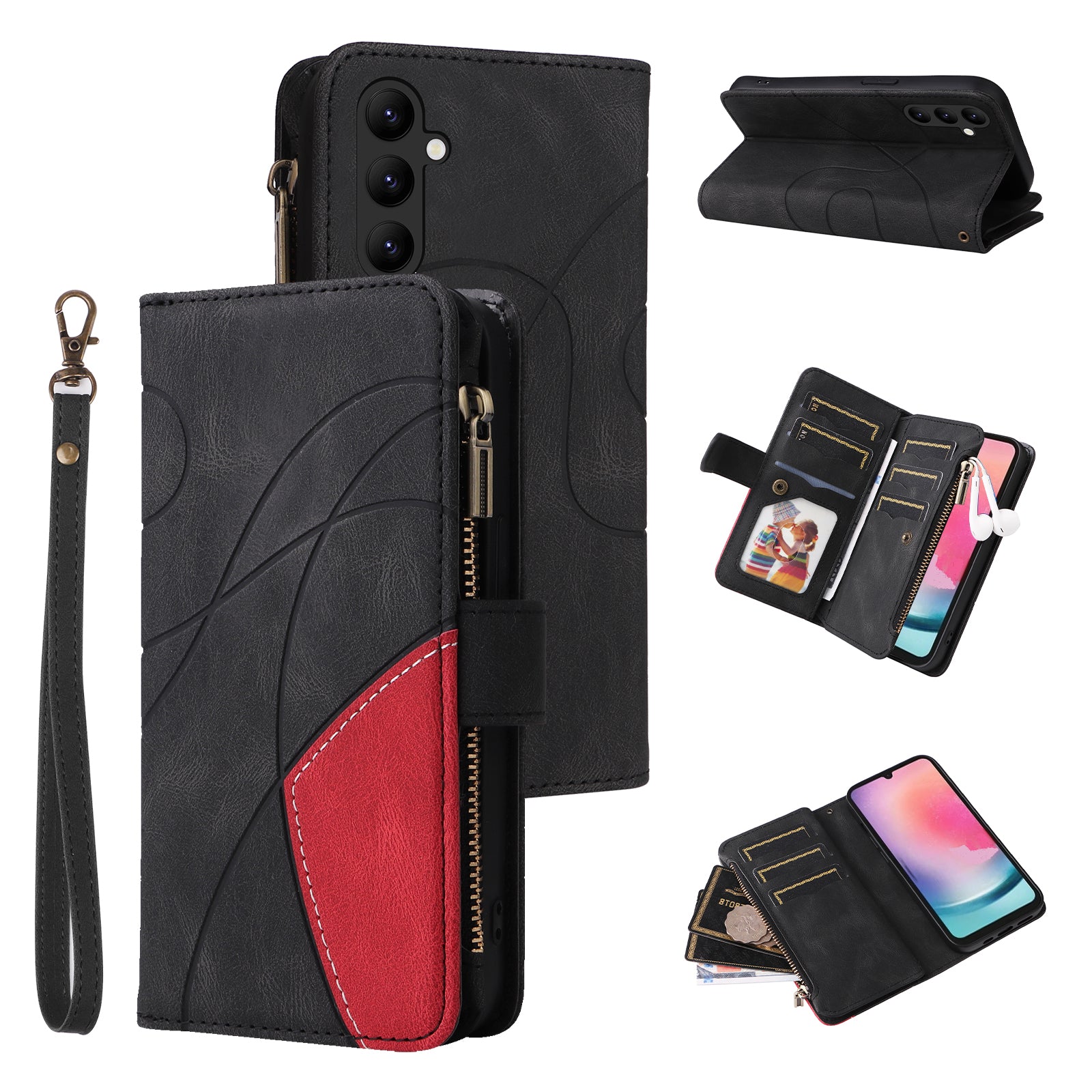 KT Multi-function Series-5 For Samsung Galaxy A24 4G Multiple Card Slots Phone Case Bi-color Splicing Zipper Leather Wallet Stand Cover