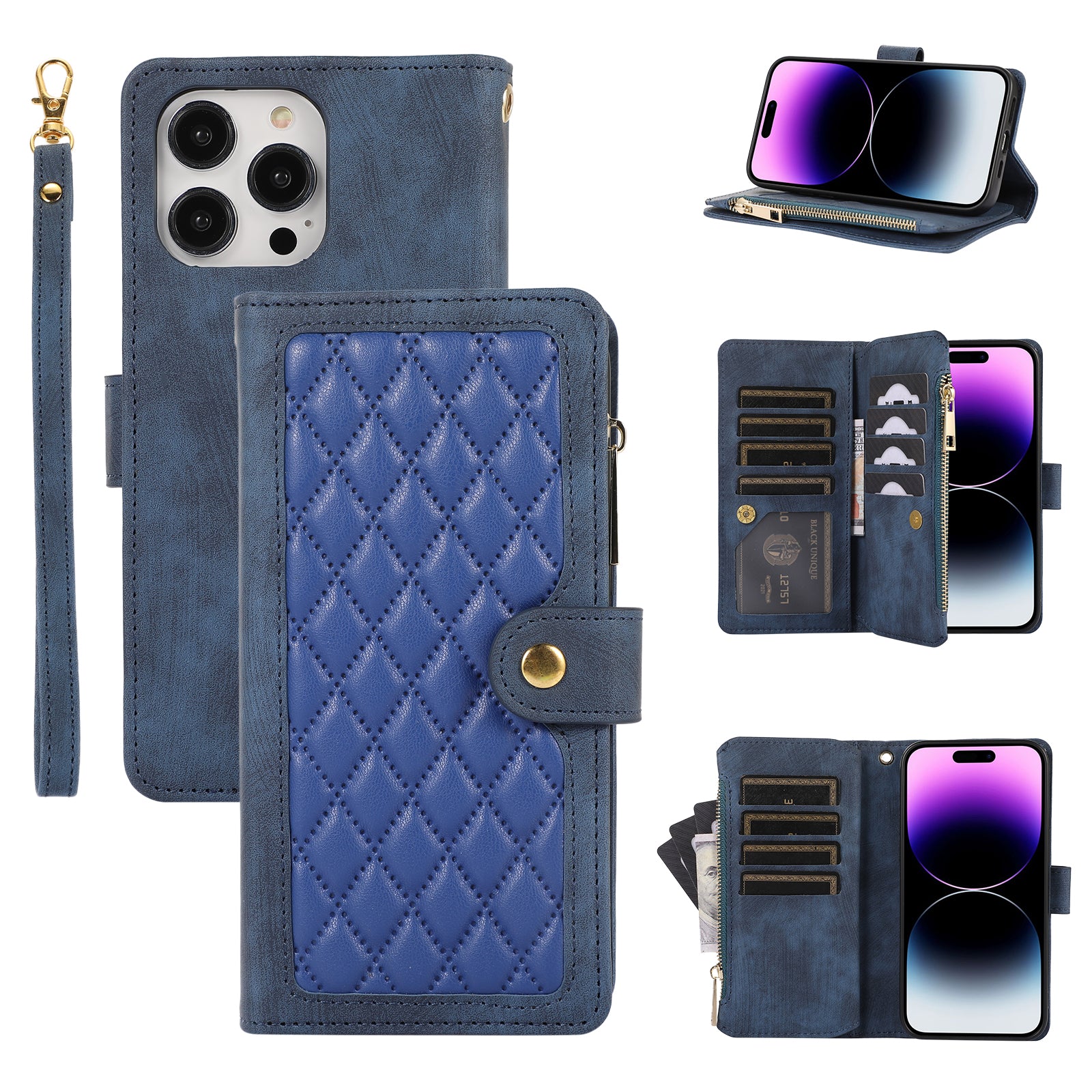 For iPhone 14 Pro Anti-drop Case Multiple Card Slots Zipper Pocket Rhombus PU Leather Stand Phone Cover