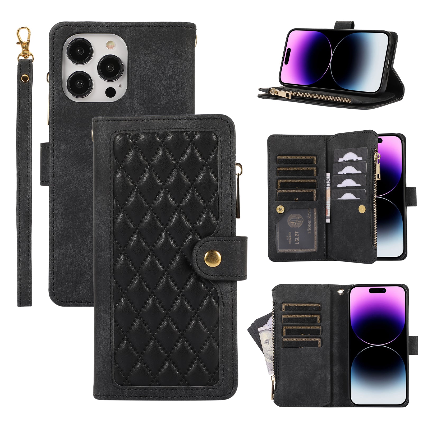 For iPhone 14 Pro Anti-drop Case Multiple Card Slots Zipper Pocket Rhombus PU Leather Stand Phone Cover