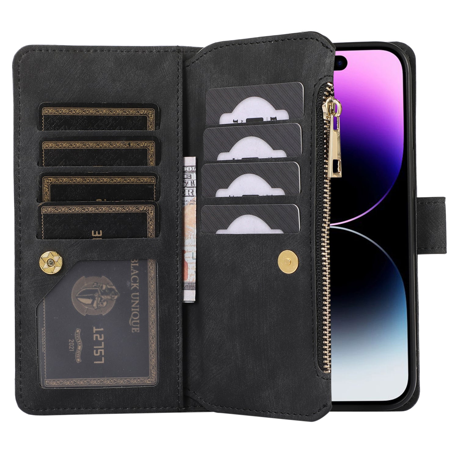 For iPhone 14 Pro Anti-drop Case Multiple Card Slots Zipper Pocket Rhombus PU Leather Stand Phone Cover