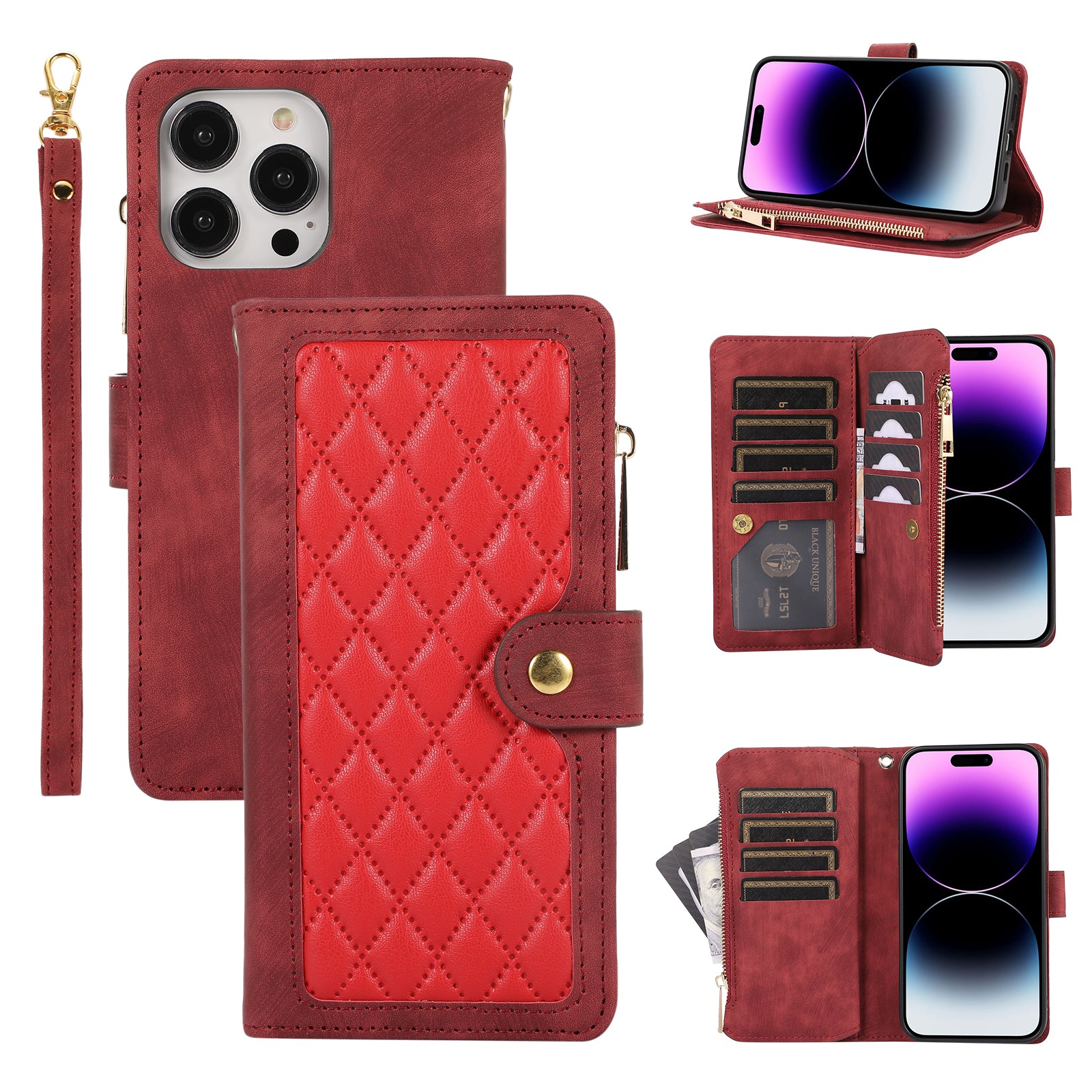 For iPhone 14 Pro Anti-drop Case Multiple Card Slots Zipper Pocket Rhombus PU Leather Stand Phone Cover