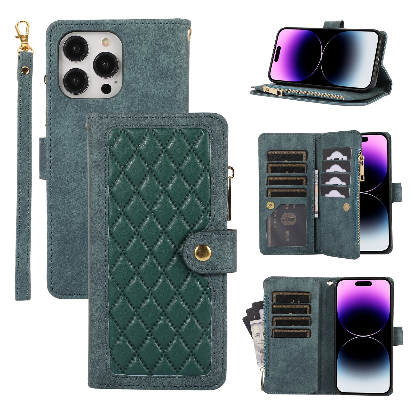 For iPhone 14 Pro Anti-drop Case Multiple Card Slots Zipper Pocket Rhombus PU Leather Stand Phone Cover