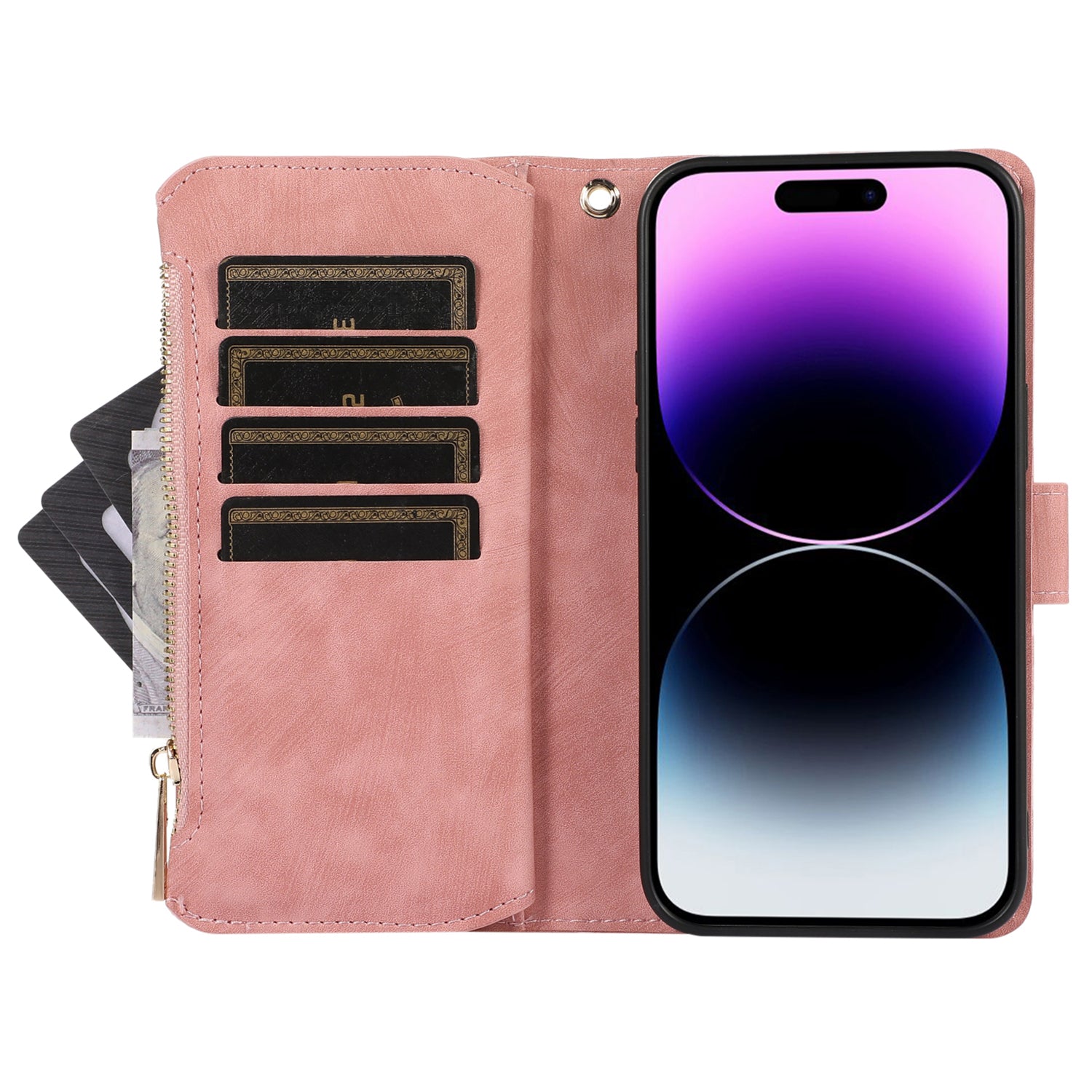 For iPhone 14 Pro Anti-drop Case Multiple Card Slots Zipper Pocket Rhombus PU Leather Stand Phone Cover