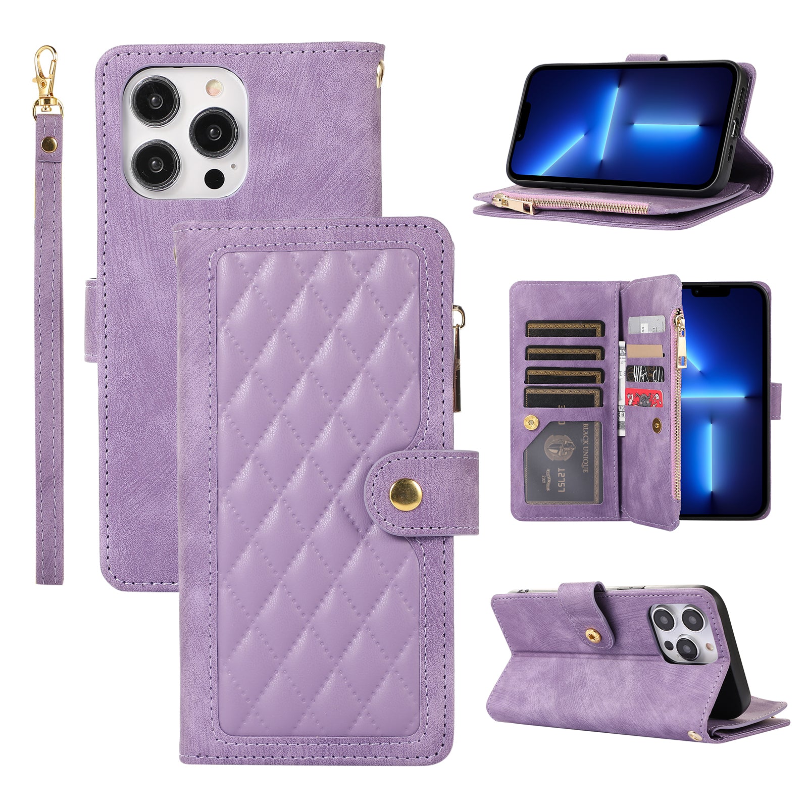 Stand Case for iPhone 13 Pro 6.1 inch Multiple Card Slots Zipper Pocket Rhombus PU Leather Phone Cover