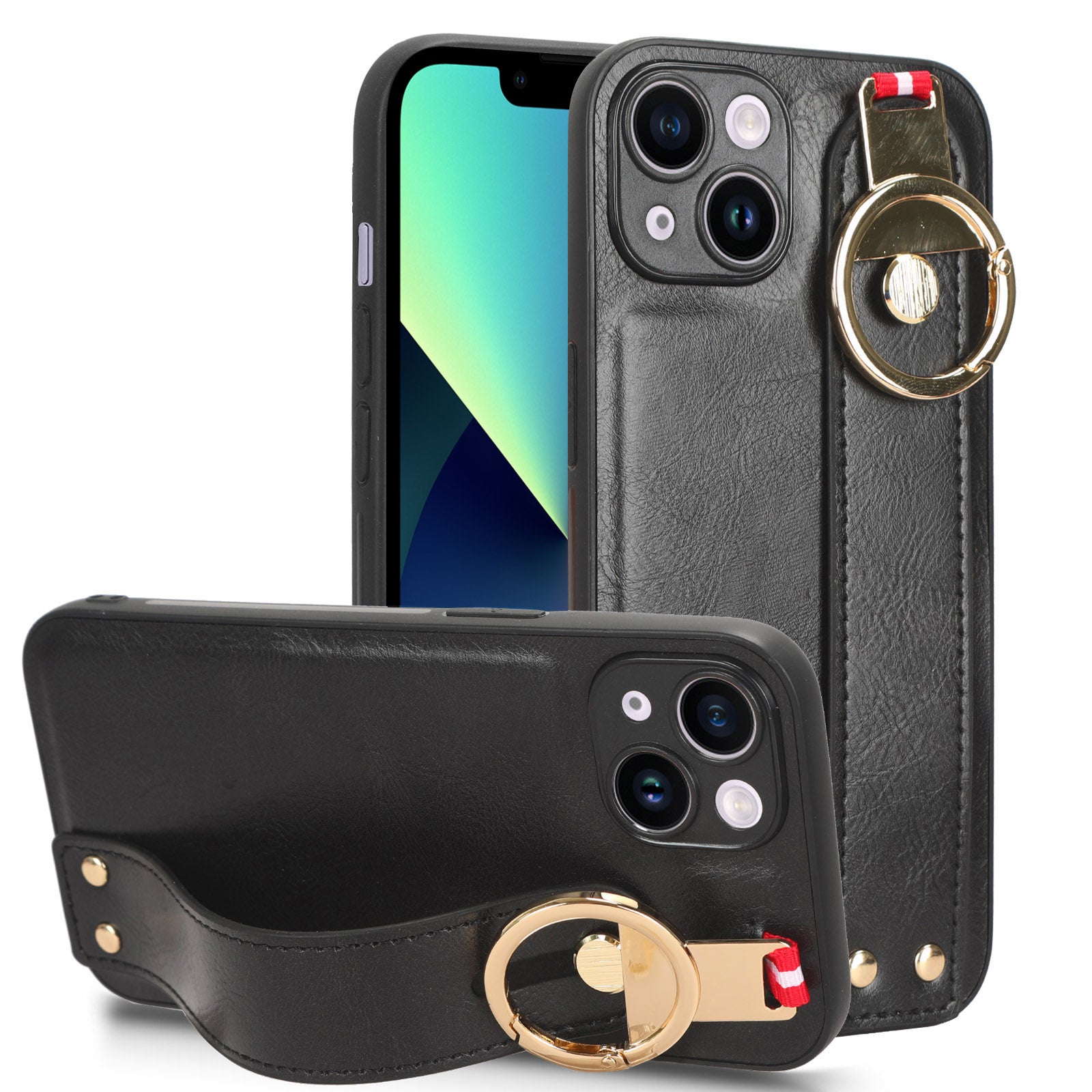 For iPhone 13 6.1 inch PU Leather Coated PC+TPU Phone Case Wristband Kickstand Anti-scratch Cover
