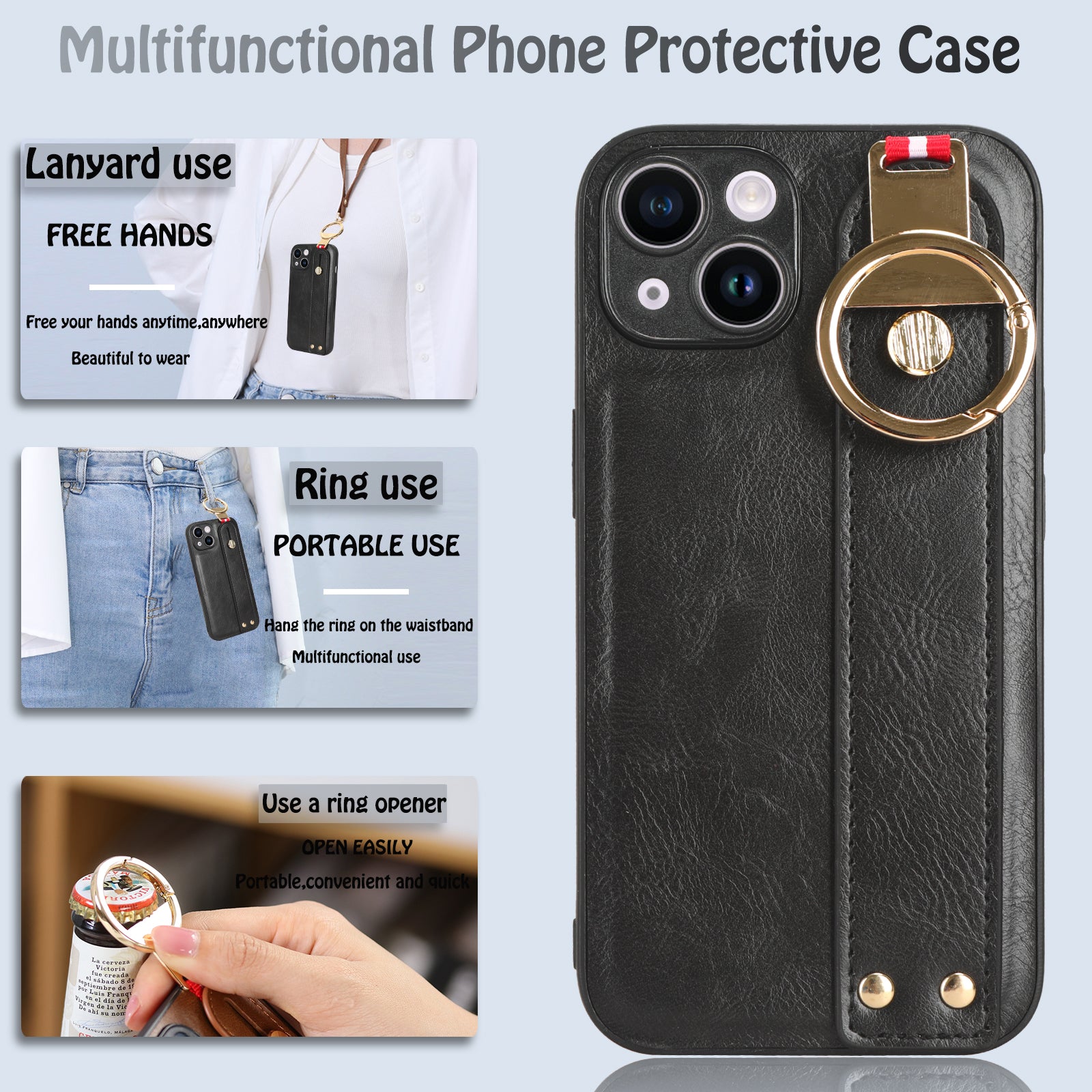 For iPhone 13 6.1 inch PU Leather Coated PC+TPU Phone Case Wristband Kickstand Anti-scratch Cover