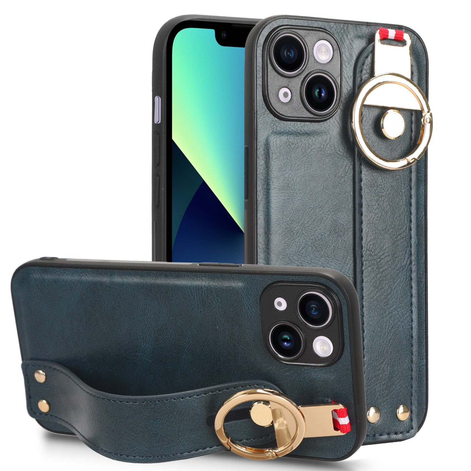 For iPhone 13 6.1 inch PU Leather Coated PC+TPU Phone Case Wristband Kickstand Anti-scratch Cover