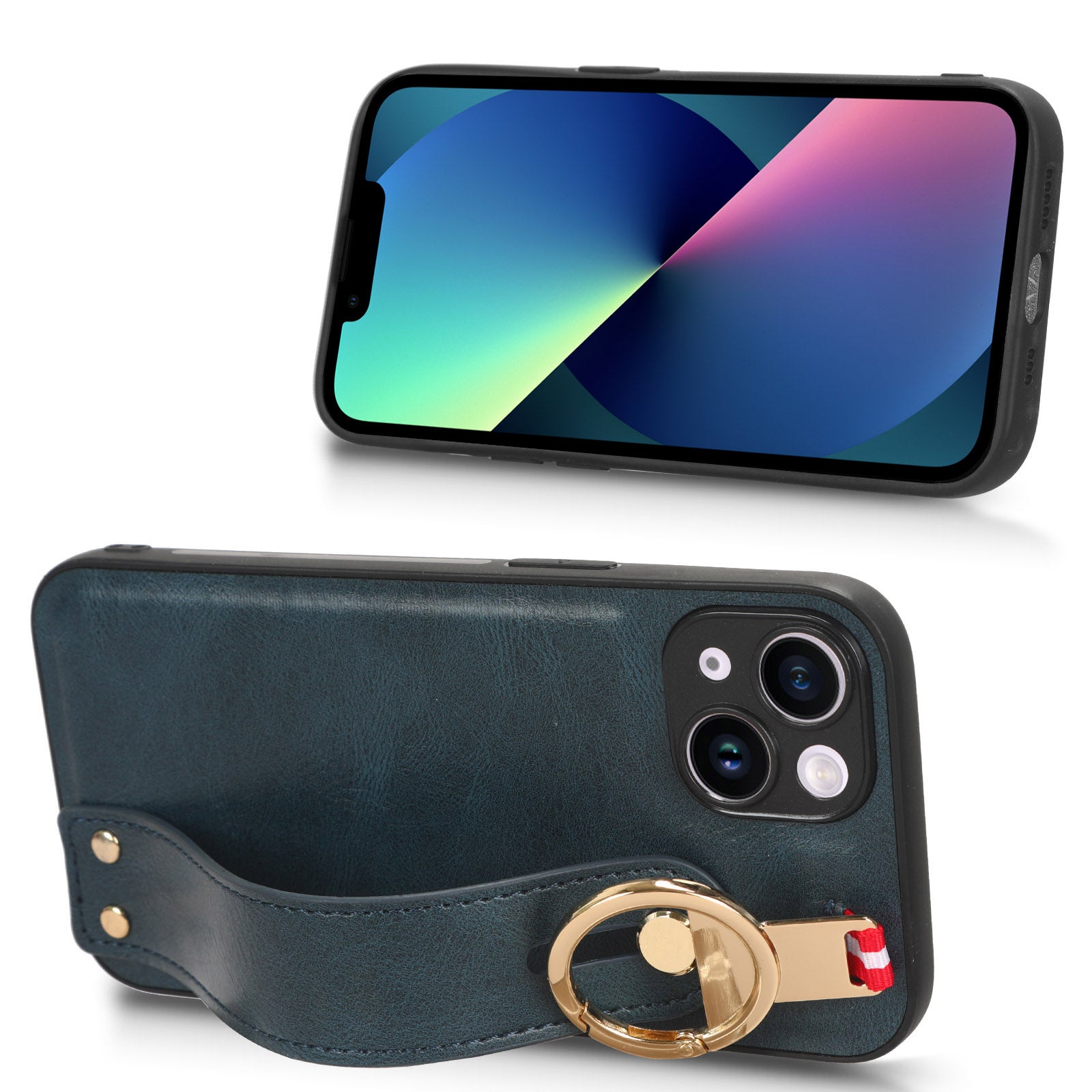 For iPhone 13 6.1 inch PU Leather Coated PC+TPU Phone Case Wristband Kickstand Anti-scratch Cover