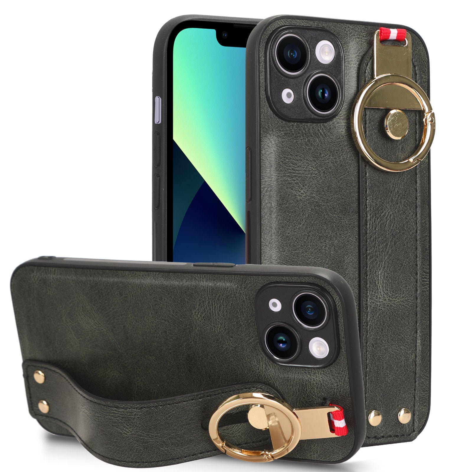 For iPhone 13 6.1 inch PU Leather Coated PC+TPU Phone Case Wristband Kickstand Anti-scratch Cover