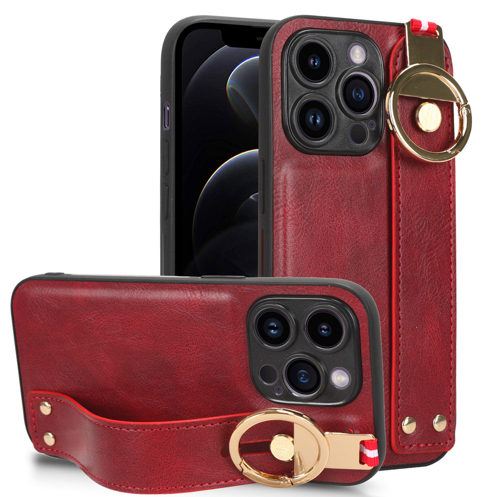 Fall-proof Cover for iPhone 12 12 Pro 6.1 inch Wristband Kickstand Leather Coating PC+TPU Phone Case with Neck Strap