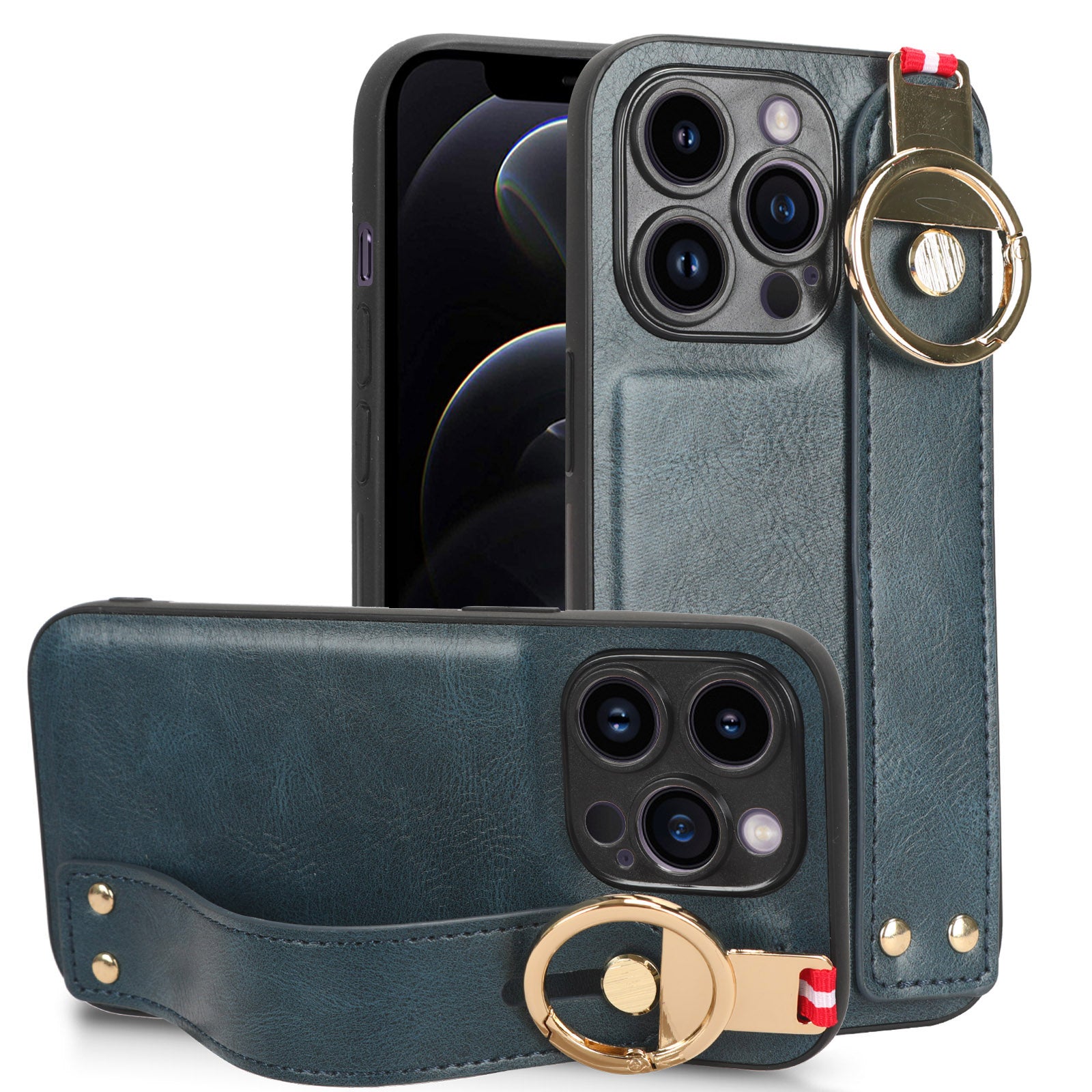 Fall-proof Cover for iPhone 12 12 Pro 6.1 inch Wristband Kickstand Leather Coating PC+TPU Phone Case with Neck Strap
