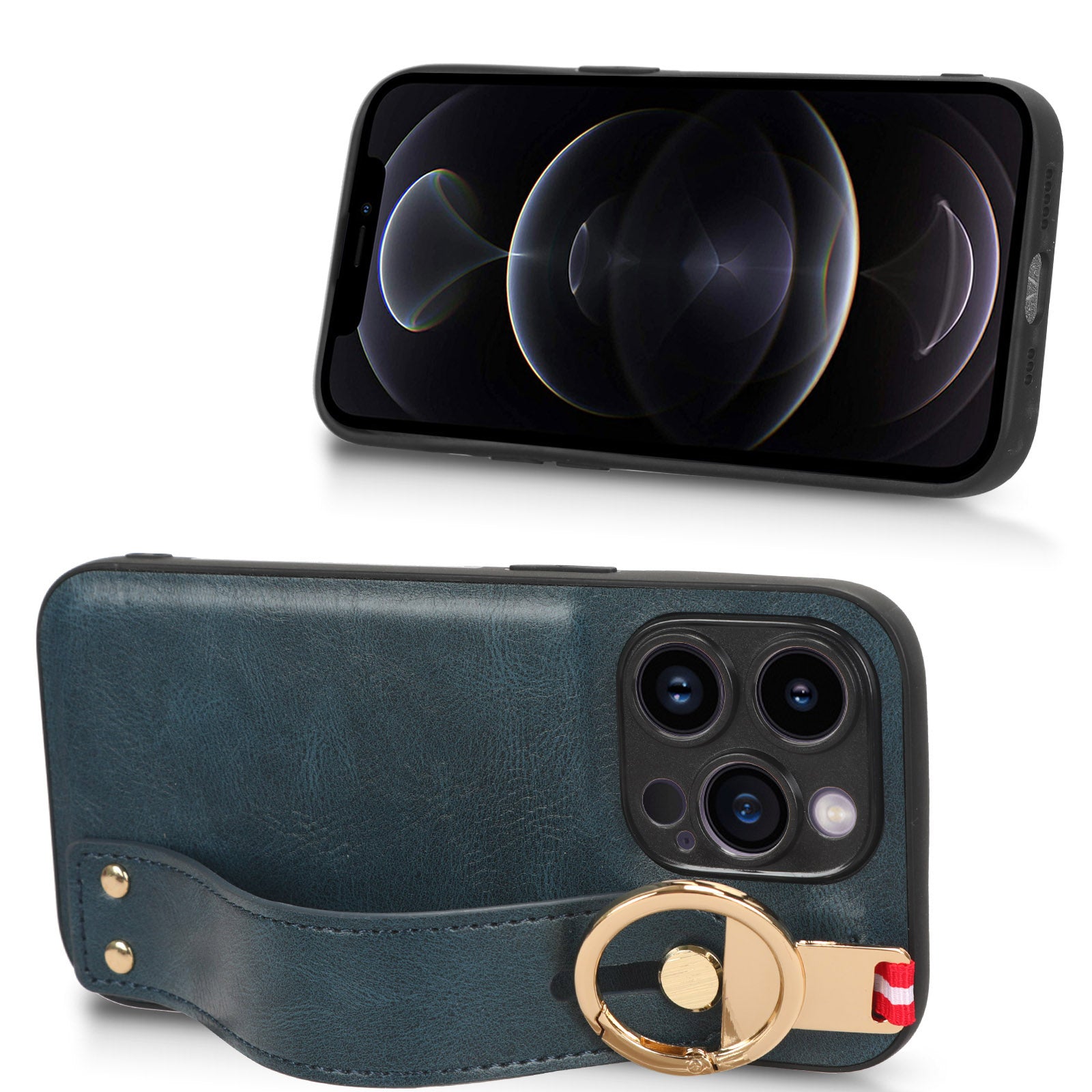 Fall-proof Cover for iPhone 12 12 Pro 6.1 inch Wristband Kickstand Leather Coating PC+TPU Phone Case with Neck Strap