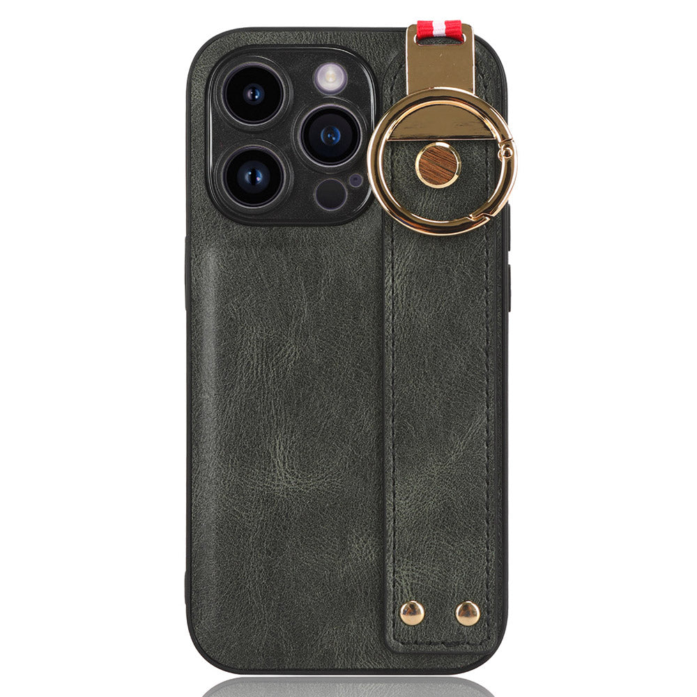 Fall-proof Cover for iPhone 12 12 Pro 6.1 inch Wristband Kickstand Leather Coating PC+TPU Phone Case with Neck Strap
