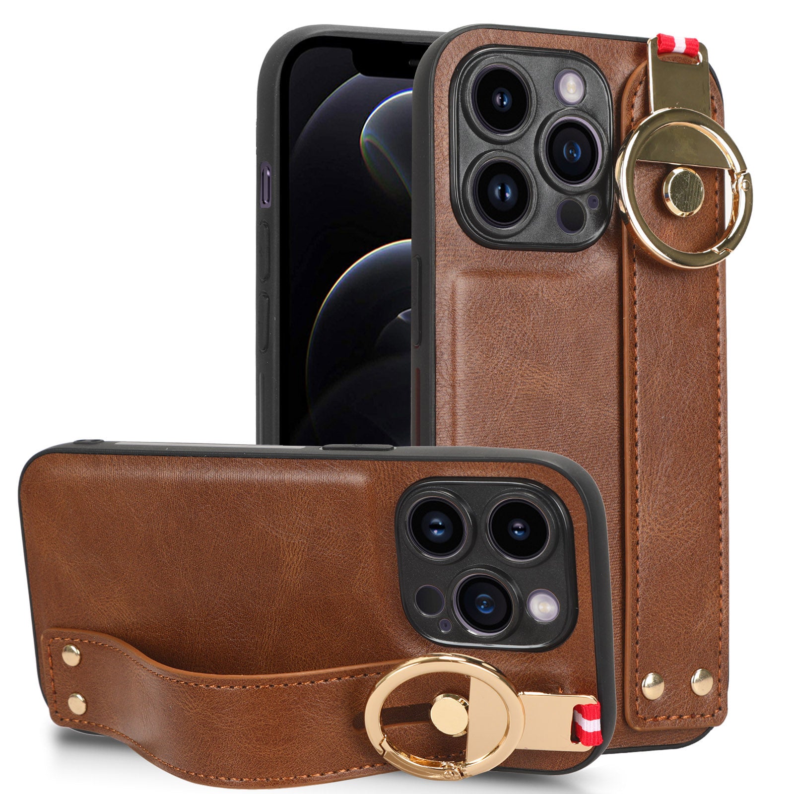 Fall-proof Cover for iPhone 12 12 Pro 6.1 inch Wristband Kickstand Leather Coating PC+TPU Phone Case with Neck Strap