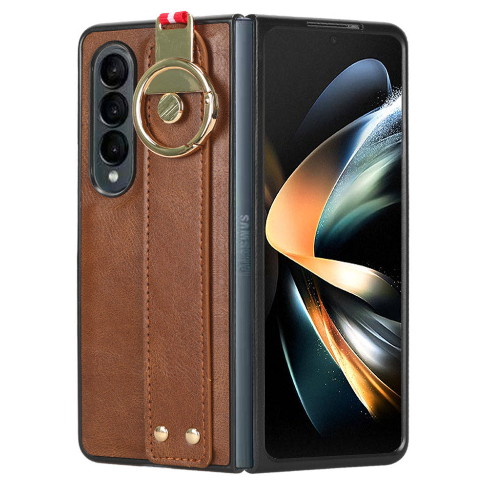 Phone Cover for Samsung Galaxy Z Fold4 5G Wristband Leather Coating PC TPU Case with Neck Strap