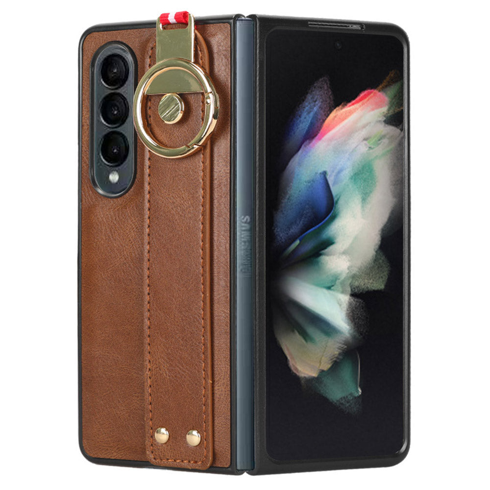 Phone Cover for Samsung Galaxy Z Fold3 5G Anti-scratch Wristband Leather Coating PC TPU Case with Neck Strap