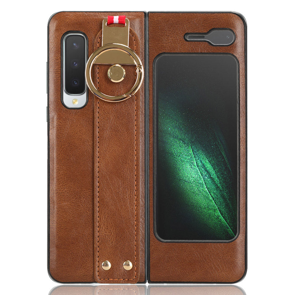 For Samsung Galaxy Fold 5G (W20) Leather Coated PC TPU Back Case Wristband Anti-scratch Phone Cover with Neck Strap