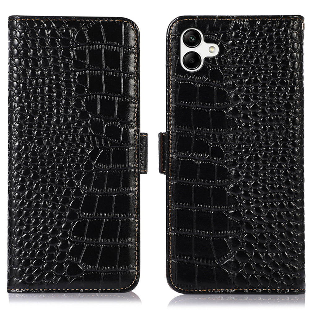 For Samsung Galaxy F14 5G RFID Blocking Phone Case Genuine Cowhide Leather Wallet Stand Cover