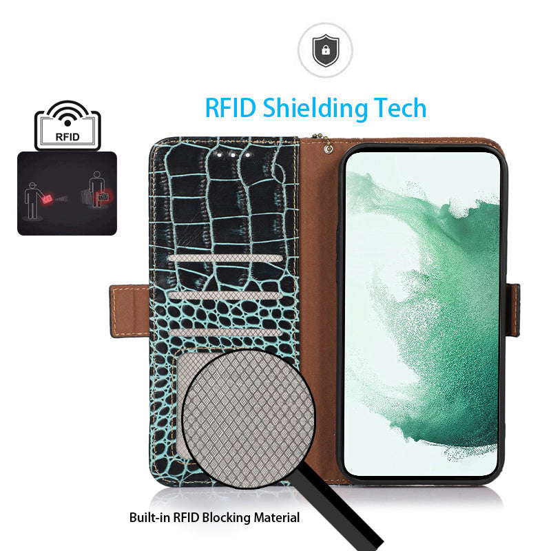 For Samsung Galaxy F14 5G RFID Blocking Phone Case Genuine Cowhide Leather Wallet Stand Cover