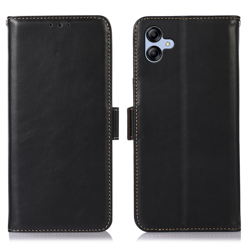For Samsung Galaxy F14 5G RFID Blocking Phone Cover Genuine Cowhide Leather Case with Stand Wallet