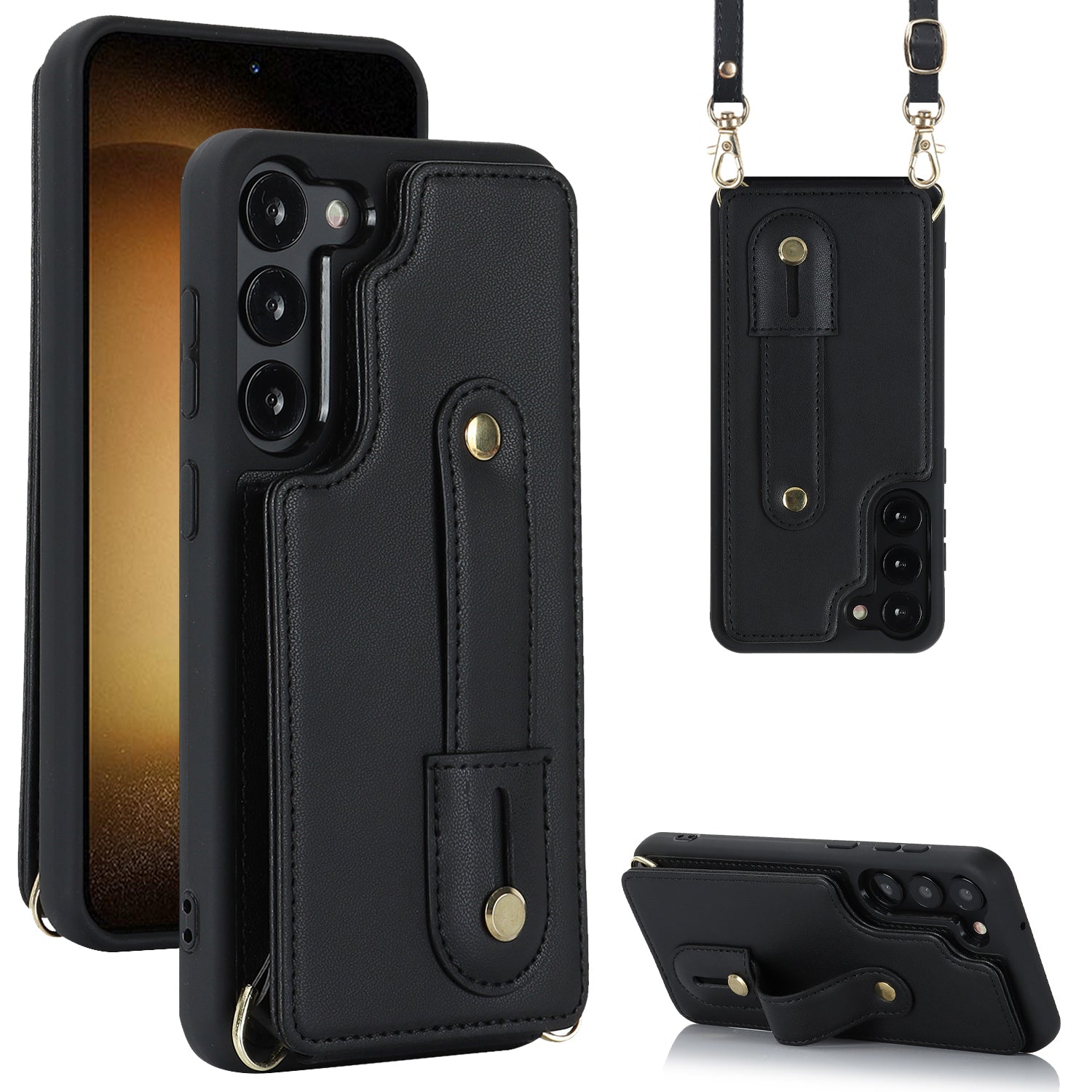 For Samsung Galaxy S22 5G Wristband Kickstand Phone Cover Card Slots Leather TPU Case