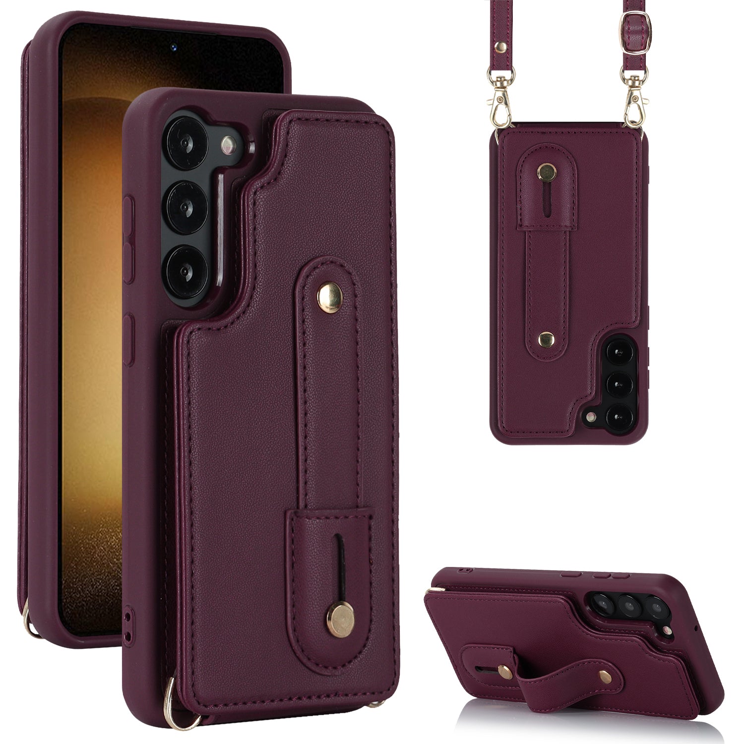 For Samsung Galaxy S22 5G Wristband Kickstand Phone Cover Card Slots Leather TPU Case