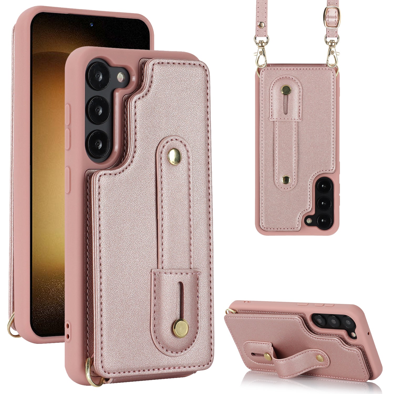 For Samsung Galaxy S22 5G Wristband Kickstand Phone Cover Card Slots Leather TPU Case