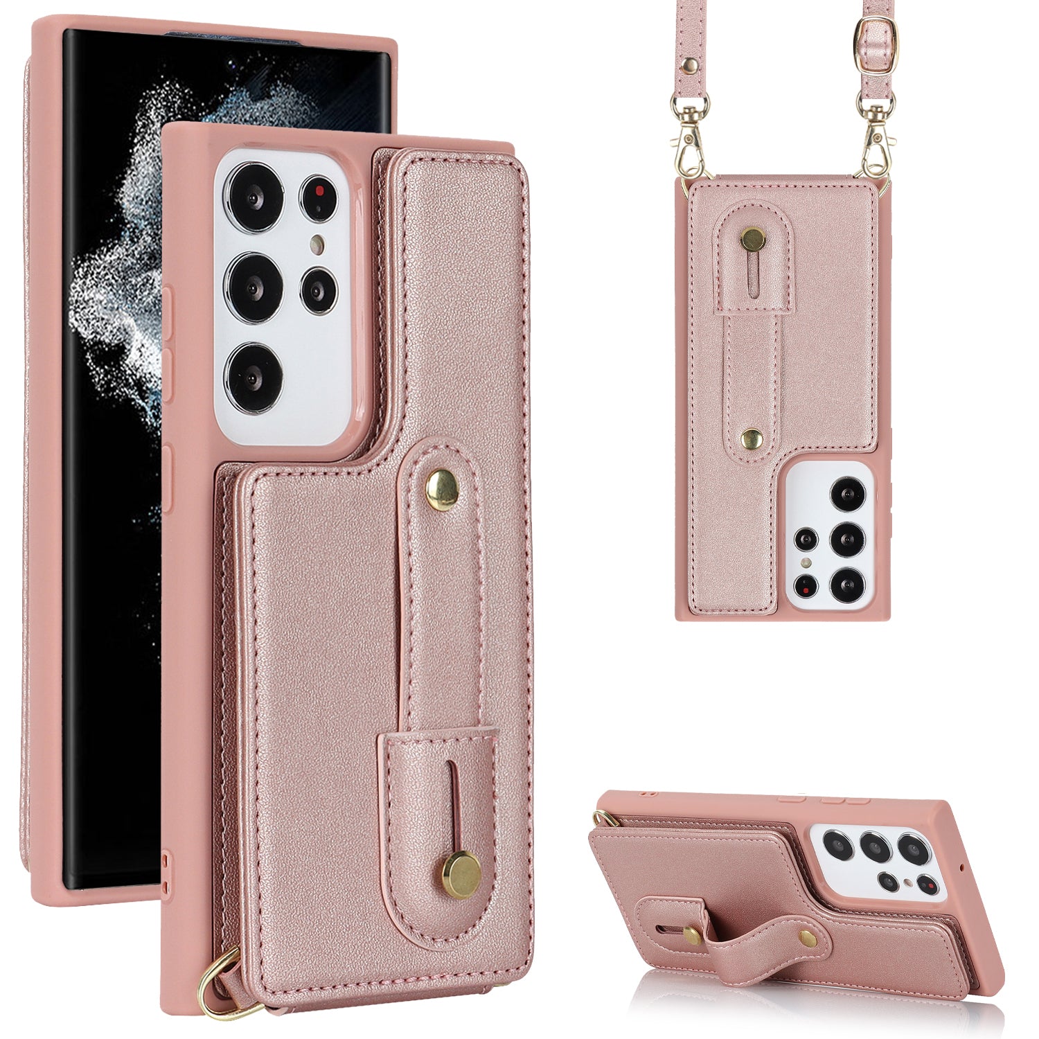 For Samsung Galaxy S23 Ultra Wristband Kickstand Phone Case PU Leather TPU Card Slots Cover