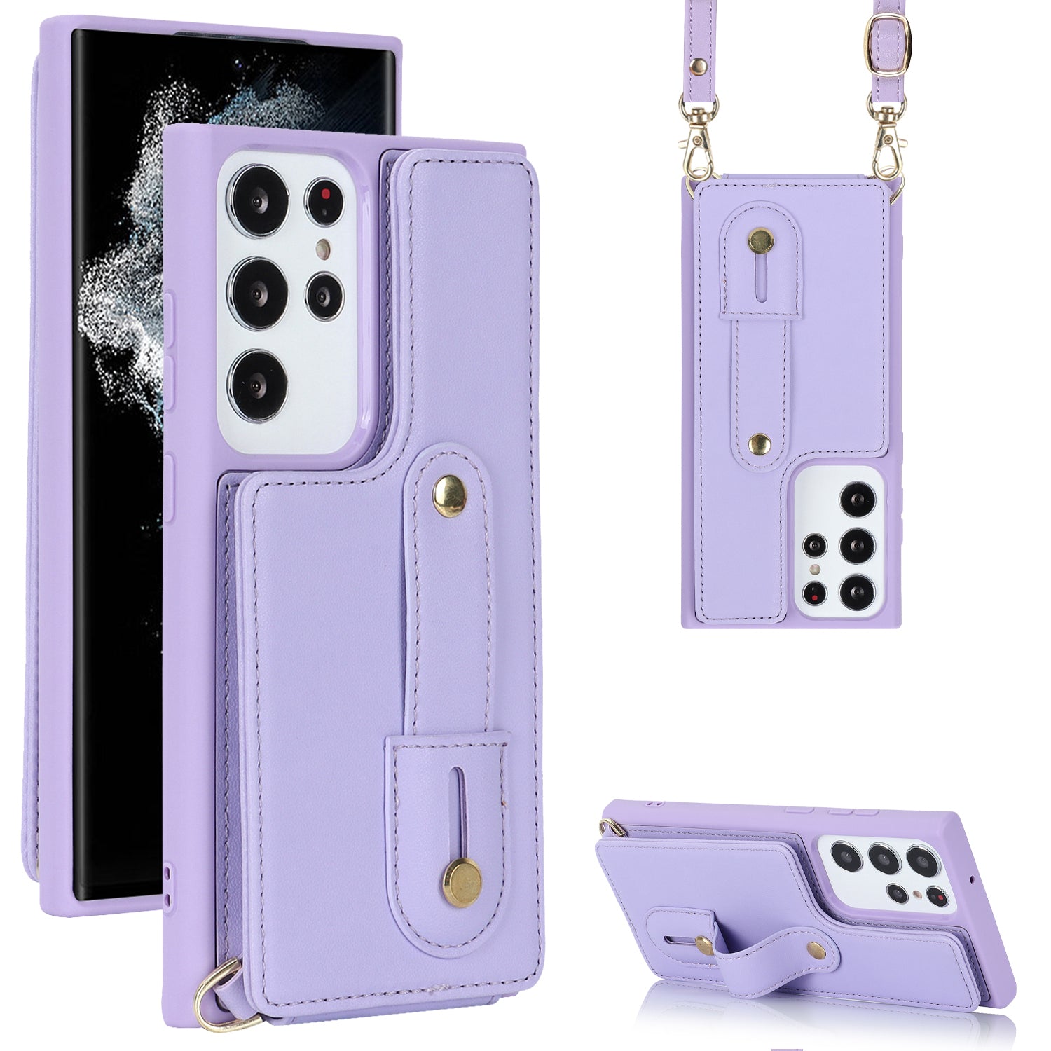 For Samsung Galaxy S23 Ultra Wristband Kickstand Phone Case PU Leather TPU Card Slots Cover