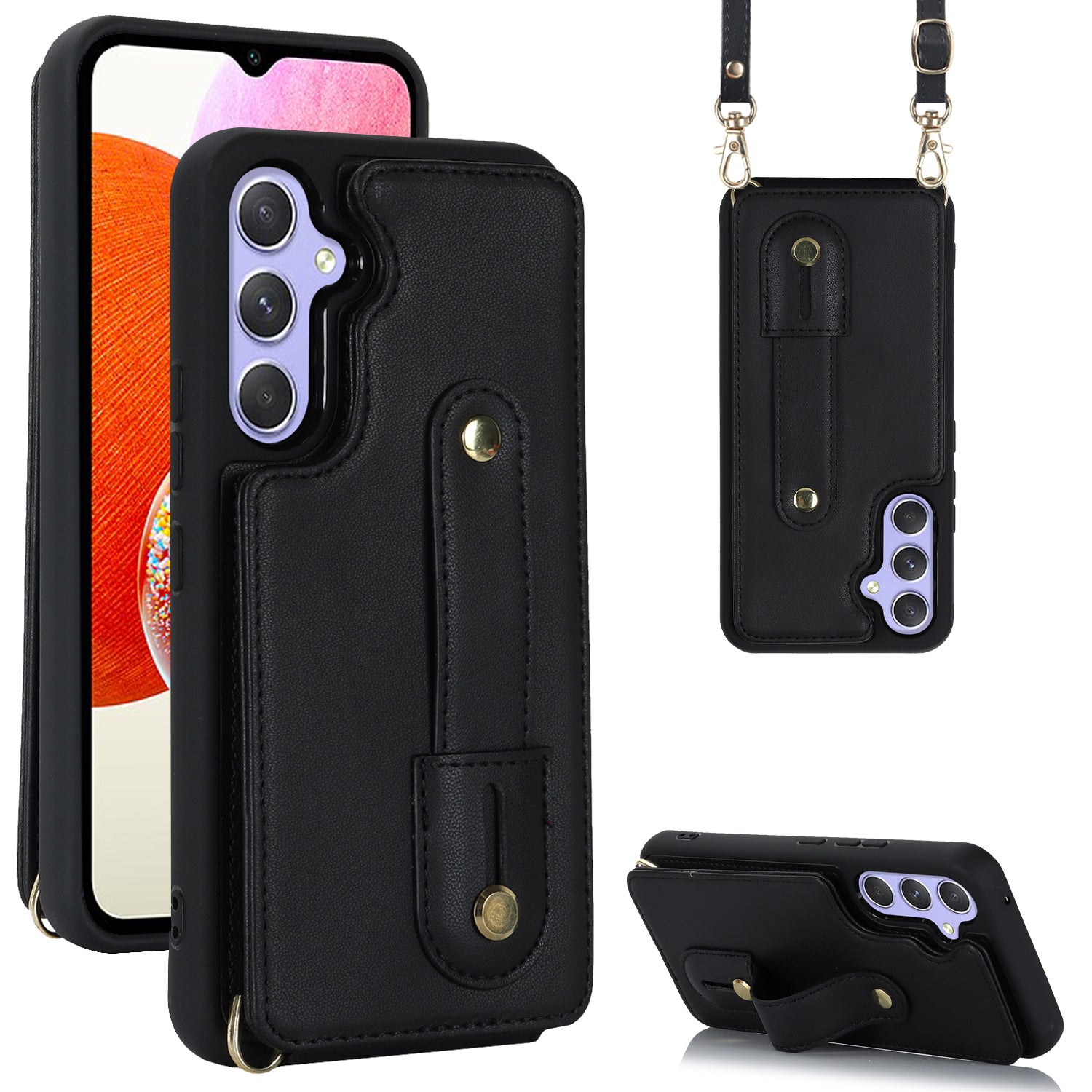 For Samsung Galaxy A14 4G / 5G Wristband Kickstand Card Holder Case PU Leather TPU Shockproof Anti-Slip Phone Cover