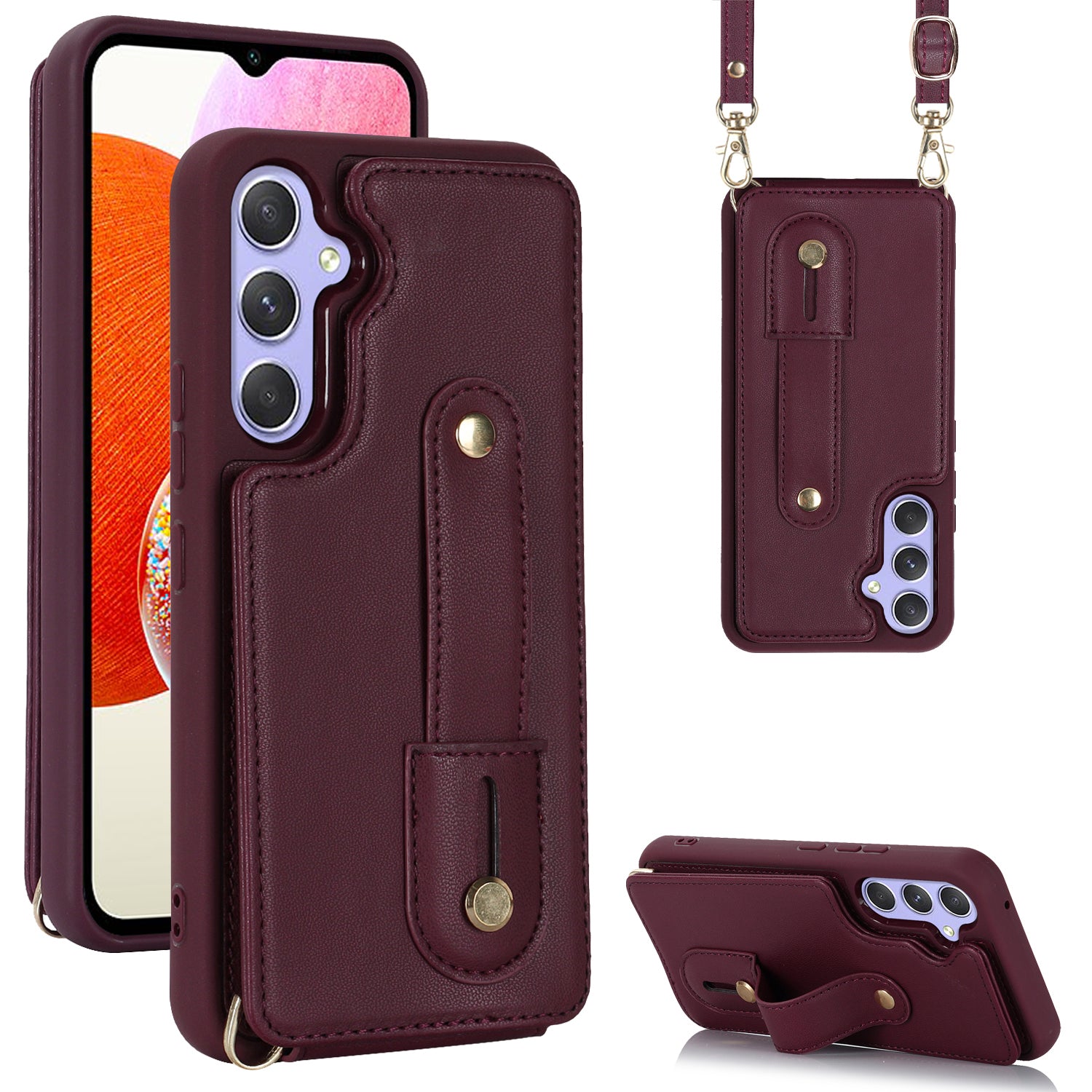 For Samsung Galaxy A14 4G / 5G Wristband Kickstand Card Holder Case PU Leather TPU Shockproof Anti-Slip Phone Cover