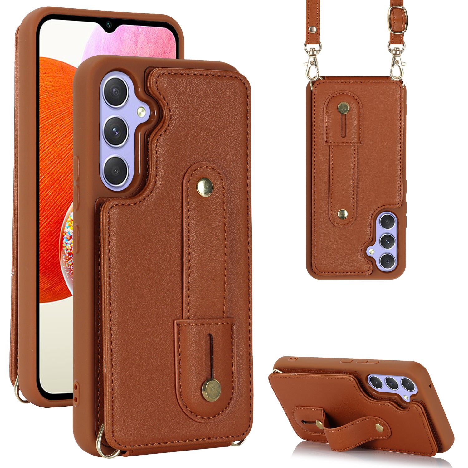 For Samsung Galaxy A14 4G / 5G Wristband Kickstand Card Holder Case PU Leather TPU Shockproof Anti-Slip Phone Cover