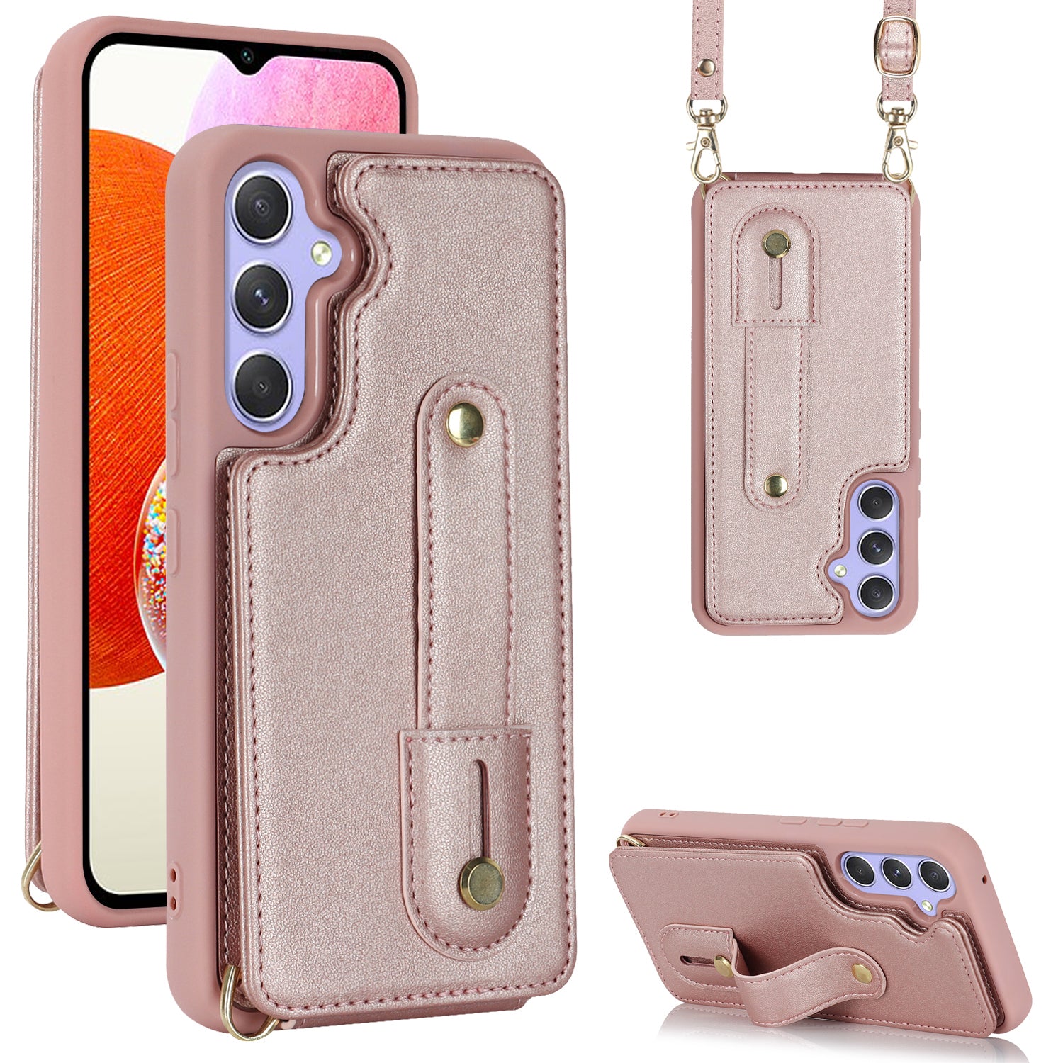 For Samsung Galaxy A14 4G / 5G Wristband Kickstand Card Holder Case PU Leather TPU Shockproof Anti-Slip Phone Cover
