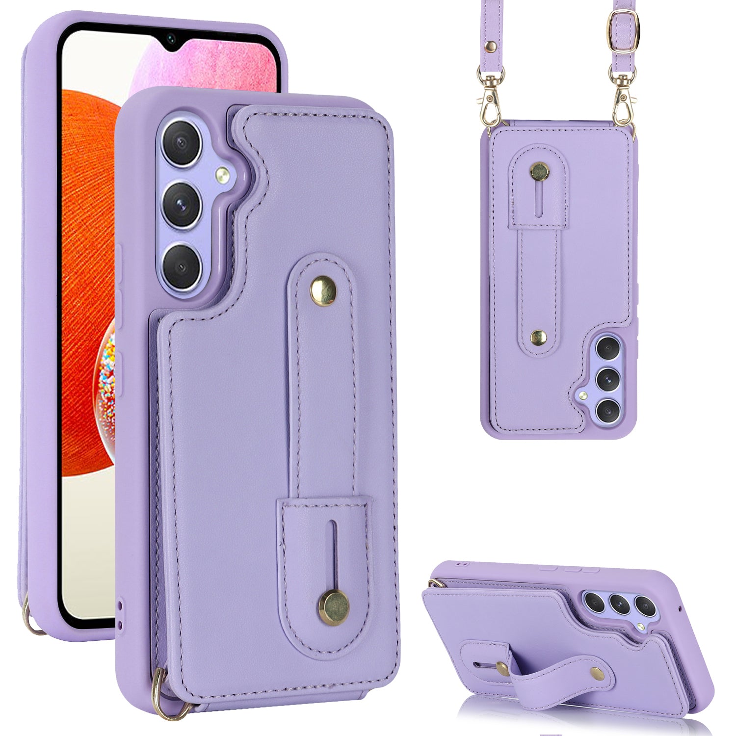 For Samsung Galaxy A14 4G / 5G Wristband Kickstand Card Holder Case PU Leather TPU Shockproof Anti-Slip Phone Cover
