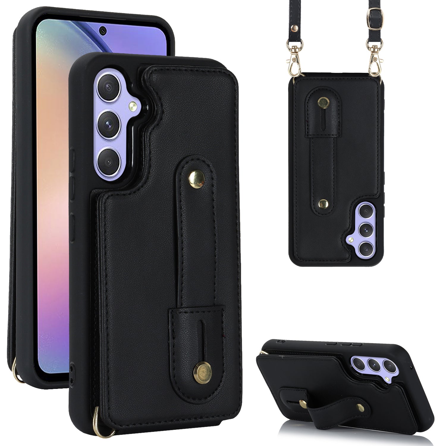 Pro Samsung Galaxy A54 5G Wristband Kickstand Ochranný kryt Držák karty Design PU Kožené TPU pouzdro na telefon 