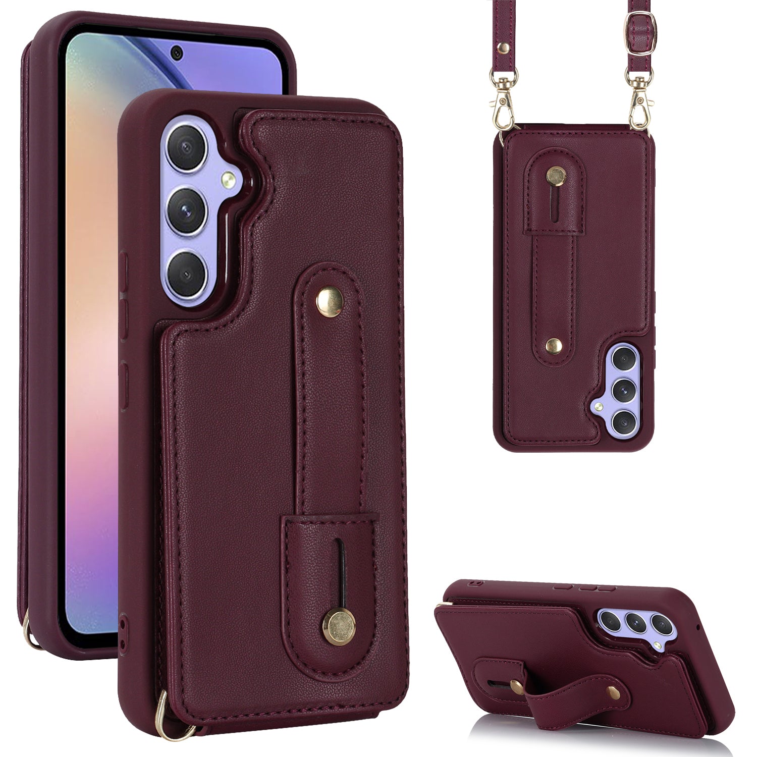 Pro Samsung Galaxy A54 5G Wristband Kickstand Ochranný kryt Držák karty Design PU Kožené TPU pouzdro na telefon 