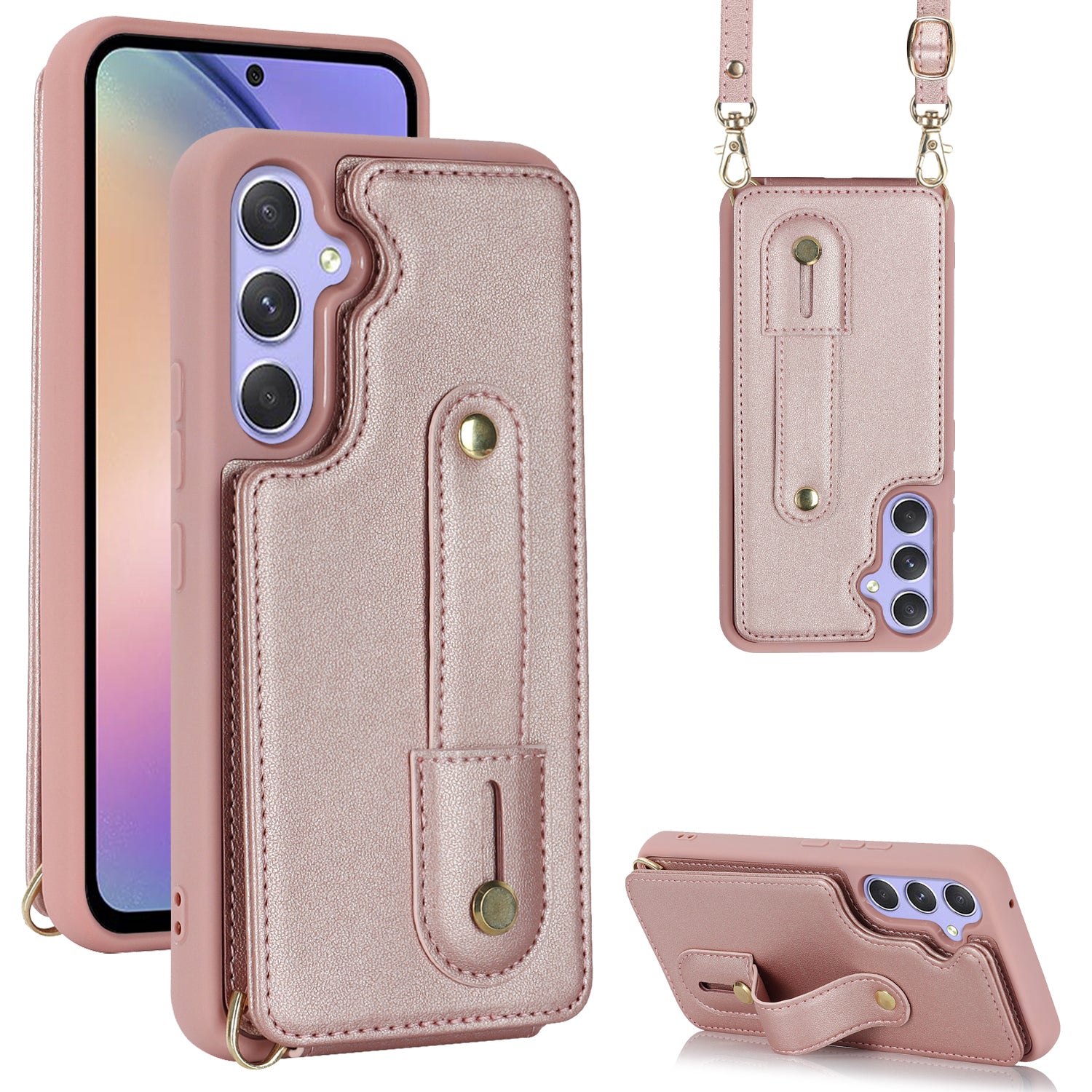 Pro Samsung Galaxy A54 5G Wristband Kickstand Ochranný kryt Držák karty Design PU Kožené TPU pouzdro na telefon 