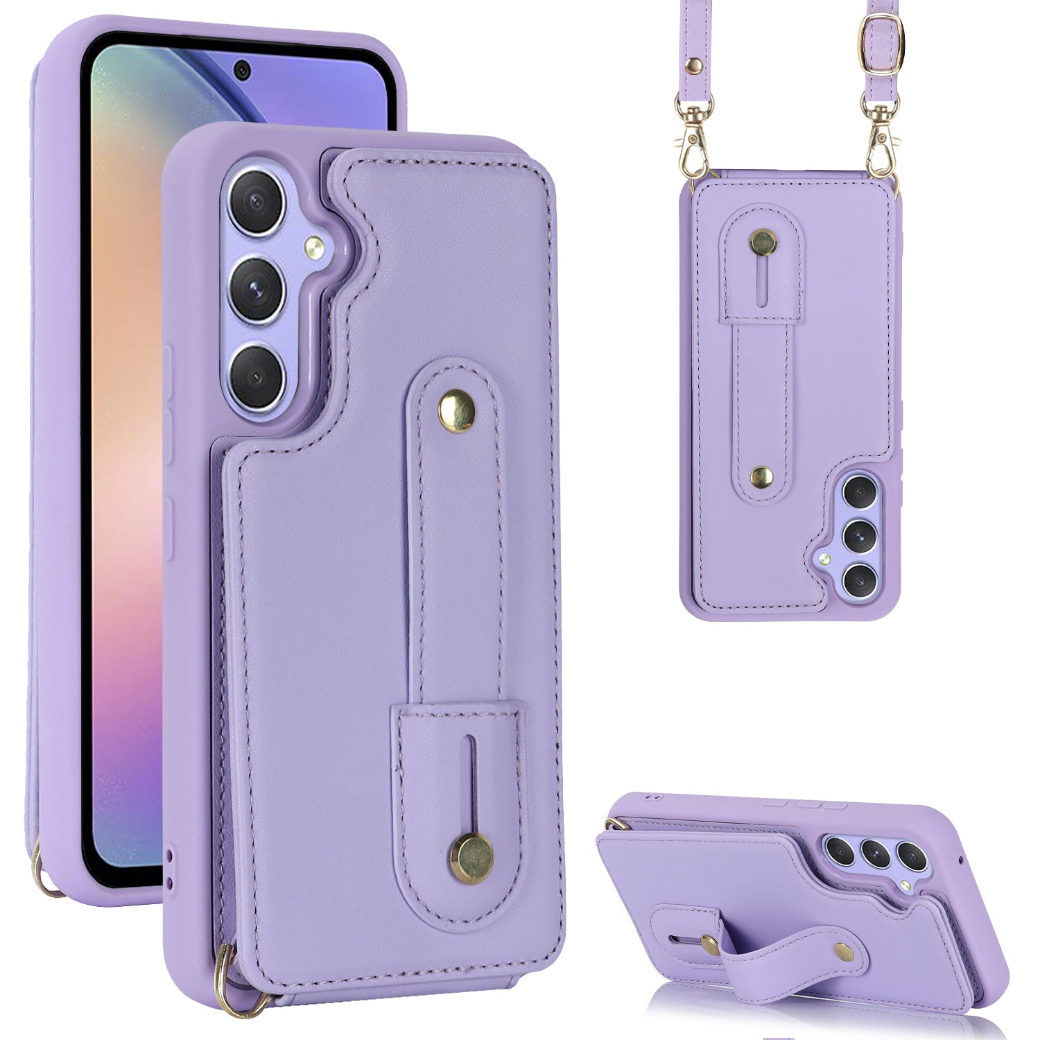 For Samsung Galaxy A54 5G Wristband Kickstand Protective Cover Card Holder Design PU Leather TPU Phone Case