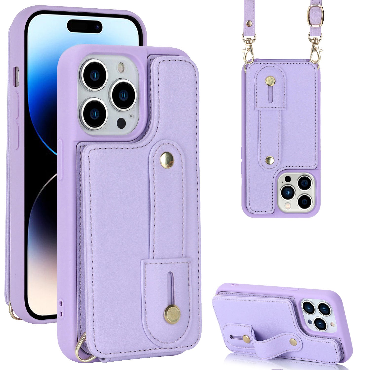 For iPhone 14 Pro Wriststrap Kickstand Bracelet Phone Case PU Leather Coated TPU Card Slot Cover