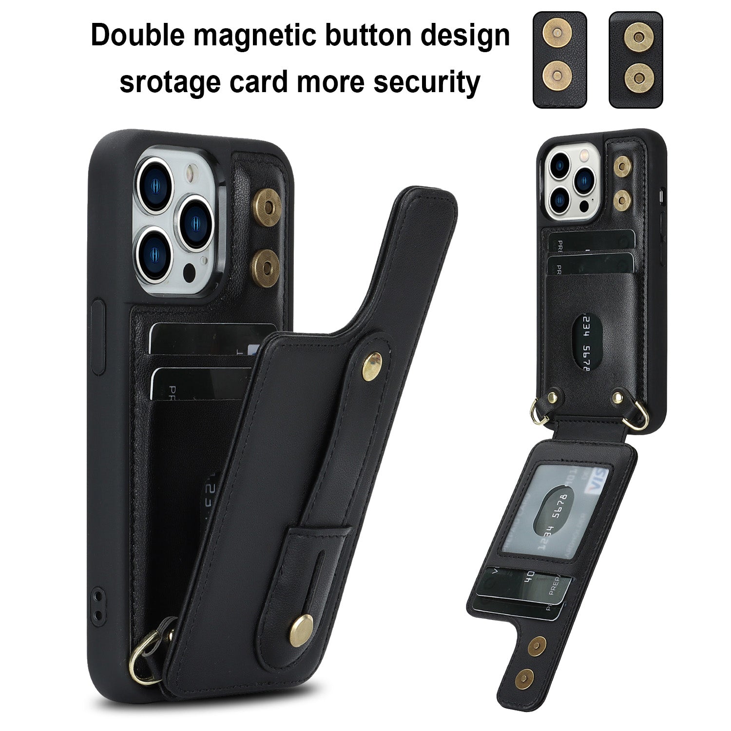 For iPhone 13 Pro Max Card Slots Wristband Kickstand Case PU Leather+TPU Cell Phone Cover