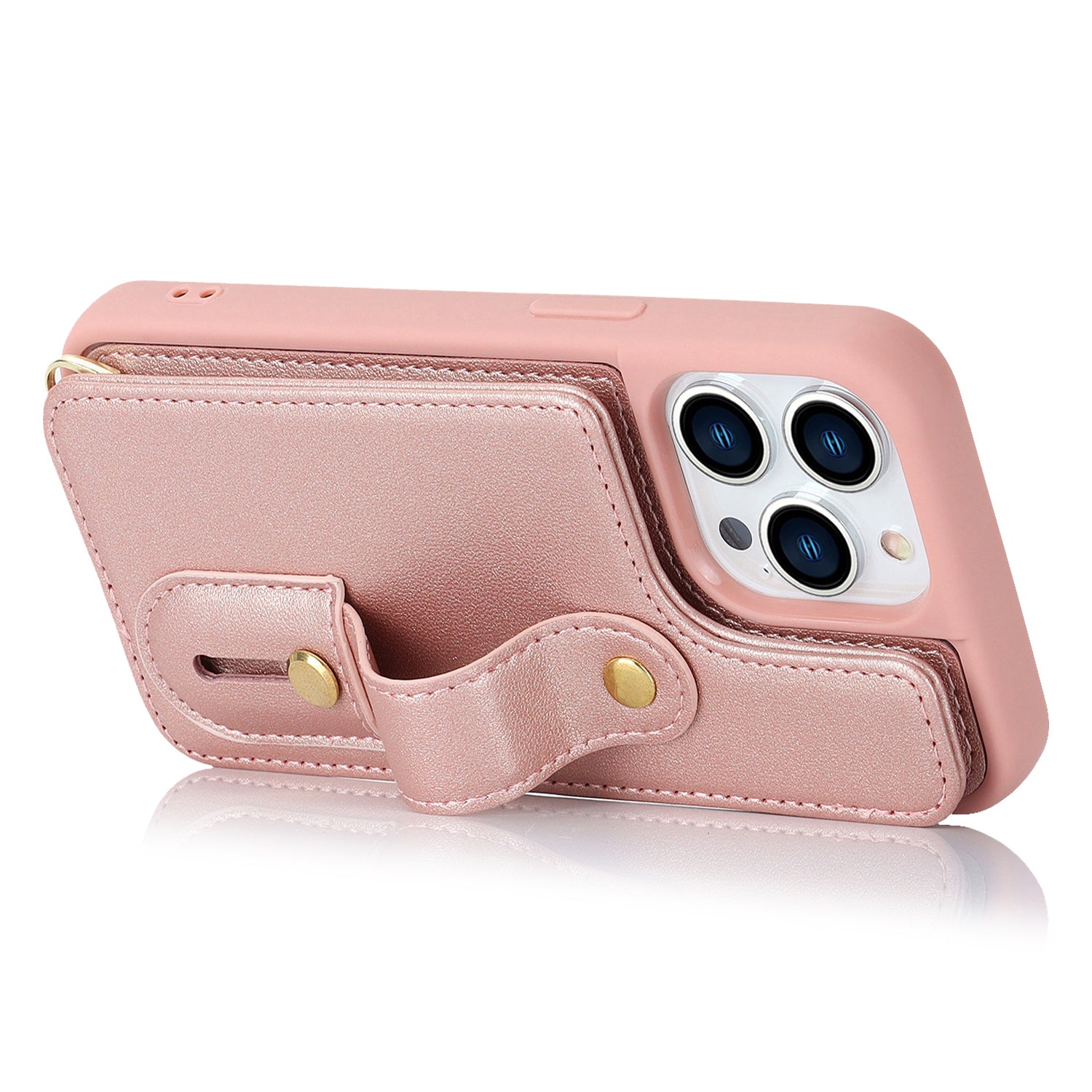 For iPhone 13 Pro Max Card Slots Wristband Kickstand Case PU Leather+TPU Cell Phone Cover