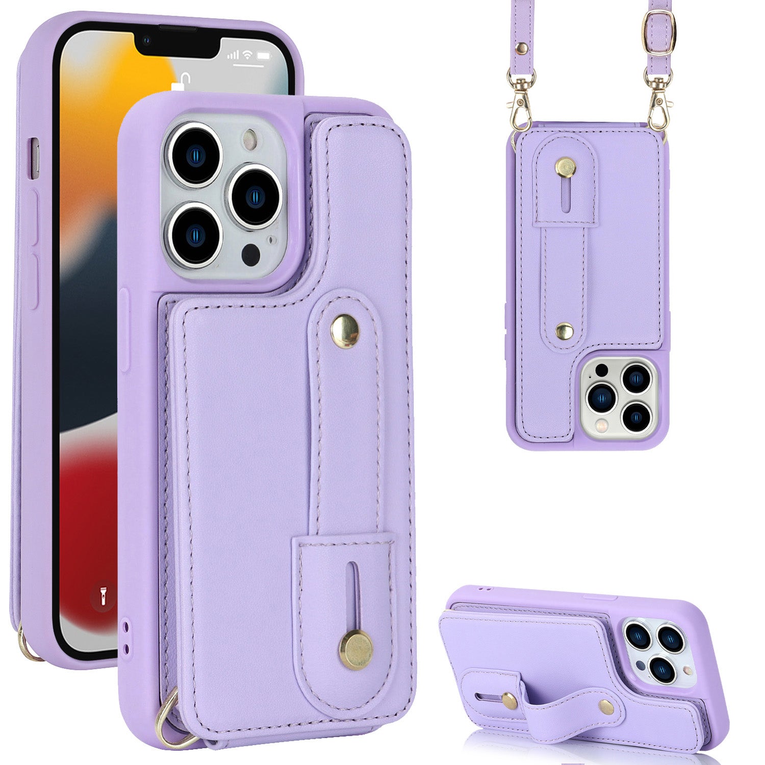 For iPhone 12 12 Pro Card Holder Phone Case Wristband Kickstand PU Leather+TPU Phone Cover