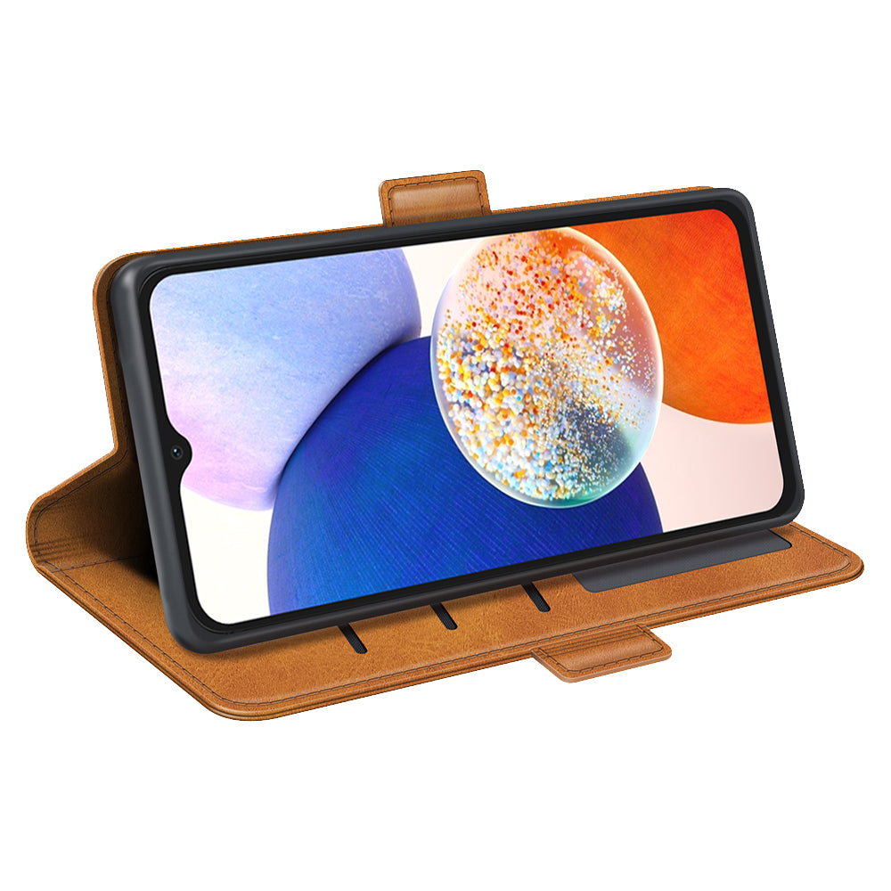 For Samsung Galaxy M14 5G PU Leather Wallet Cell Phone Case Calf Texture Anti-Dust Stand Phone Cover