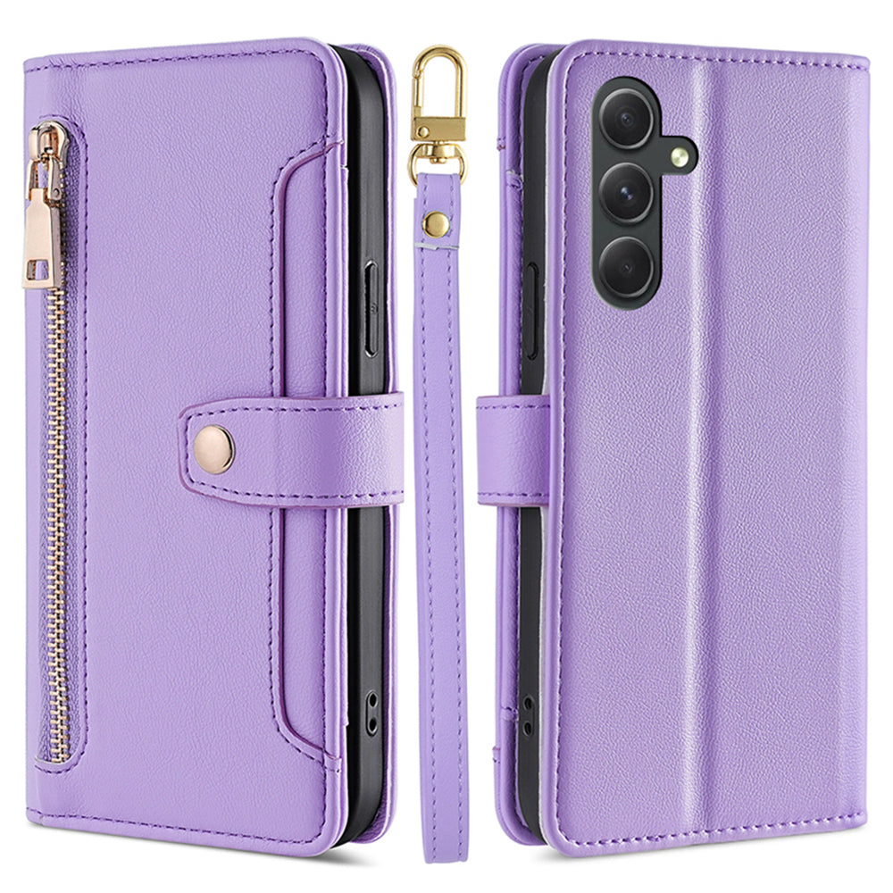 Stand Cover for Samsung Galaxy A54 5G Zipper Pocket Wallet Leather Phone Case with 2 Straps