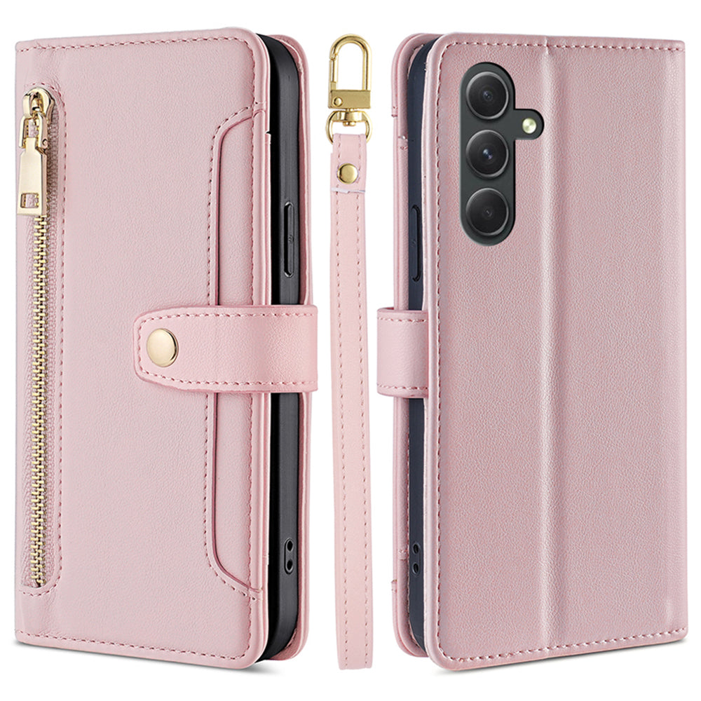 Stand Cover for Samsung Galaxy A54 5G Zipper Pocket Wallet Leather Phone Case with 2 Straps