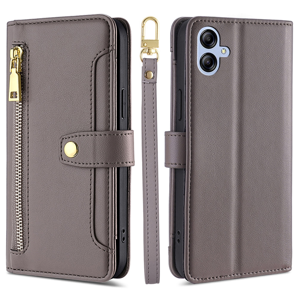 Leather Phone Cover for Samsung Galaxy A04e 4G / F04 4G / M04 4G Zipper Pocket Wallet Foldable Stand Case